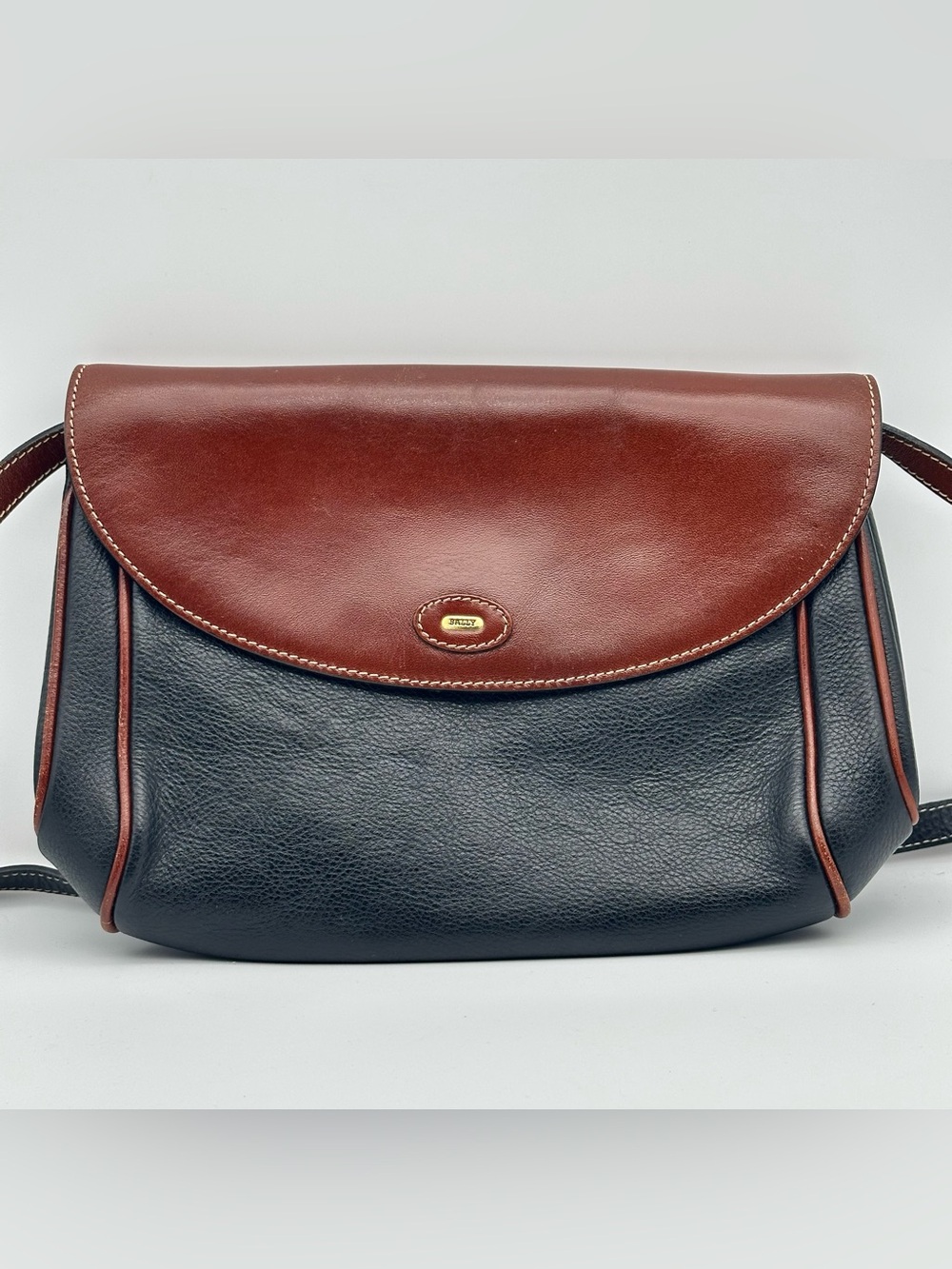 Vintage Bally Leather Crossbody Shoulder Bag Two Tone Brown Black Made in Italy